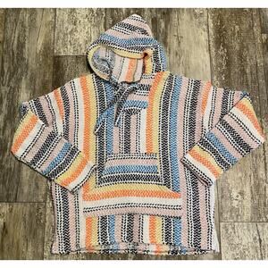 Earth Ragz Baja Hoodie Pullover - Adult S - Mexican Poncho Woven Striped
